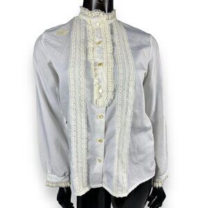 Vtg Lady Holiday Secretary Blouse w Lace Fitted Long Sleeves Ivory 36x24.5”